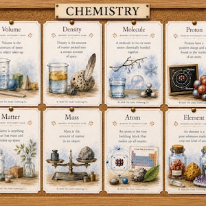 May include: A cork notice board displays eight Chemistry memory statement cards. Each card features a scientific term such as Volume, Density, Molecule, Proton, Matter, Mass, Atom, and Element, accompanied by watercolour illustrations of beakers, atoms, and natural elements with descriptive text.