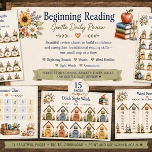 May include: A set of 15 educational reading charts featuring Beginning Reading Gentle Daily Review, Beginning Sounds Garden Paths, Vowel Garden Shelves, Consonant Chart, Dolch Sight Words, and Word Families with illustrations of houses, flowers, books, and apples.
