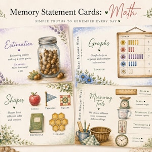 May include: Four rectangular educational cards titled Memory Statement Cards: Math. The cards feature watercolour illustrations and text explaining concepts like estimation with acorns in a jar, graphs with flowers, geometric shapes, and measuring tools.