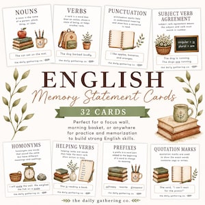 May include: A set of 32 English Memory Statement Cards featuring educational grammar topics like nouns, verbs, and punctuation. Each card displays watercolor illustrations of books, plants, and stationery with definitions and examples by the daily gathering co.