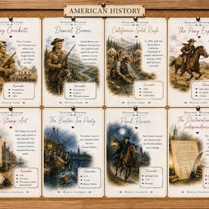 May include: A wooden cork board displaying eight educational cards titled American History. Each card features historical illustrations and text about topics like Davy Crockett, the California Gold Rush, the Stamp Act, and the Declaration of Independence.