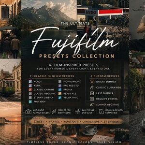 Könnte beinhalten: Eine digitale Collage der Fujifilm Presets Collection mit 16 filmbasierten Voreinstellungen. Der Text lautet The Ultimate Fujifilm Presets Collection, 11 Classic Fujifilm Recipes, 5 Custom Recipes und listet verschiedene Fotostile auf.