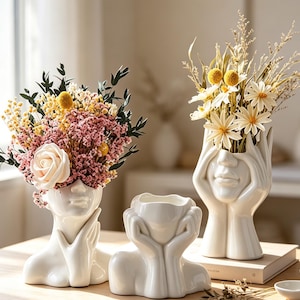 Abstract Human Face Ceramic Vase, Artistic Bust Flower Pot, Minimalist Sculpture Vase for Dried Flowers, Housewarming Gift for Girlfriend