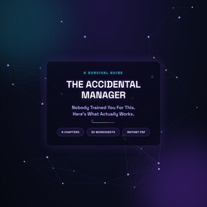 Puede incluir: Una guía digital rectangular oscura titulada The Accidental Manager: A Survival Guide. El texto dice: Nobody Trained You For This. Here’s What Actually Works. Incluye 8 capítulos, 32 hojas de trabajo y acceso instantáneo a un archivo PDF.