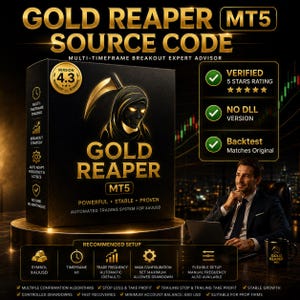 May include: A black box labelled Gold Reaper MT5 Source Code featuring a grim reaper graphic, version 4.3 badge, and text detailing multi-timeframe trading, breakout strategy, and automated trading system features for XAUUSD with recommended setup icons.