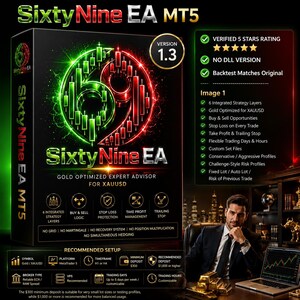 Könnte beinhalten: Eine schwarze Werbebox für die SixtyNine EA MT5 Software mit einer grün-roten Yin-Yang-Grafik und Candlestick-Mustern. Der Text enthält Version 1.3, Gold Optimized Expert Advisor for XAUUSD sowie eine Liste mit Handelsfunktionen.