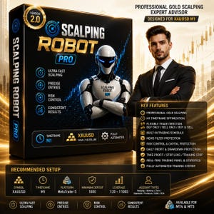 May include: A black box for Scalping Robot Pro software featuring a white robot, gold text, and trading details. The box displays Version 2.0, XAUUSD M1 timeframe, and key features like risk control, ultra-fast scalping, and fully automated trading.