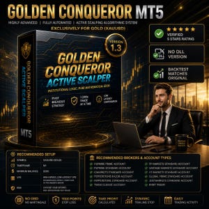 May include: A digital product box for Golden Conqueror MT5, an active scalping algorithmic system for gold trading. The box features gold and blue text on a dark background, listing features like pivot breakout strategy and low latency.