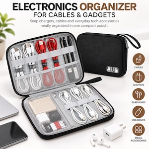 May include: A black electronics organizer pouch with a zippered closure and a wrist strap. The interior features grey mesh pockets and elastic loops holding various white and red charging cables, USB drives, and a power adapter. Text reads ELECTRONICS ORGANIZER.