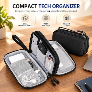 May include: A black tech organiser case with dual compartments, featuring internal mesh pockets and elastic loops for cables and gadgets. The case is shown open to reveal its interior storage, with a second closed case positioned nearby.