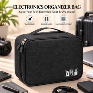 Pode incluir: Uma bolsa organizadora de eletrônicos retangular cinza-escura com alça superior e fecho de zíper. A frente apresenta ícones brancos representando um adaptador de energia, um cabo e um drive USB. Texto inclui ELECTRONICS ORGANIZER BAG.
