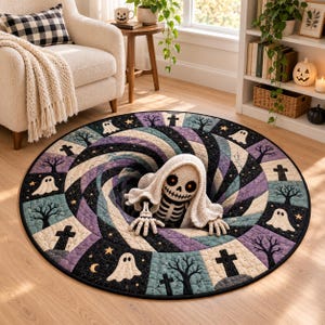 Tappeto patchwork di Halloween, tappeto rotondo a spirale con scheletro, decorazione trapuntata con albero e croce fantasma, tappeto autunnale.