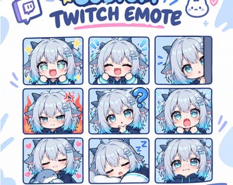 May include: A digital illustration set titled CUSTOM TWITCH EMOTE featuring nine individual square icons of an anime-style character with light blue hair, horns, and a dark hoodie, displaying various expressions like joy, anger, and sleep.