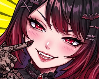 May include: An anime-style illustration of a character with long black and red hair, red eyes, and visible fangs. The character wears a black lace choker with a red gem, bat-shaped hair clips, and a black lace glove, set against a yellow background.