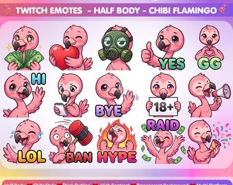 May include: A digital collection of 100 Emotes Mega Pack featuring chibi flamingo characters in various poses and expressions. The set includes text labels like HI, YES, GG, BYE, 18+, RAID, LOL, BAN, and HYPE. Sizes listed are 500px, 48px, 320px, 112px, 56px, 28px.