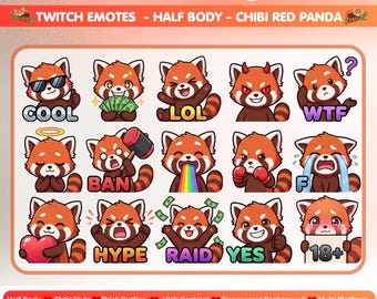 May include: A digital collection of 100 Twitch emotes featuring a chibi red panda in various expressions and actions. The set includes text labels like COOL, LOL, WTF, BAN, F, HYPE, RAID, YES, and 18+. The images are half-body, high-contrast designs.