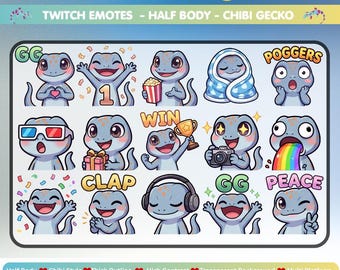 May include: A digital collection of 100 Emotes Mega Pack featuring chibi gecko characters in various poses. The set includes text labels like GG, POGGERS, WIN, CLAP, and PEACE. The geckos are light blue with large eyes, shown with items like popcorn, a trophy, a camera, and headphones.