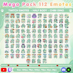 Peut inclure: Une collection numérique de 112 émoticônes de dinosaure chibi pour Twitch, représentant un personnage vert clair dans diverses poses et expressions avec des étiquettes textuelles comme Panic, Rage, Win et Lurk. Designs demi-corps avec contours épais.