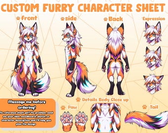 May include: A custom furry character reference sheet featuring a fox-like creature in front, side, and back views, along with three facial expressions, paw pads, a body close-up, and a tail detail. The character has orange, white, and purple fur.
