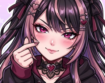 May include: An anime-style illustration of a character with long black and pink hair styled in twin tails with black bows. The character wears a black lace choker with a red heart pendant, a black hoodie, and heart-shaped hair clips.