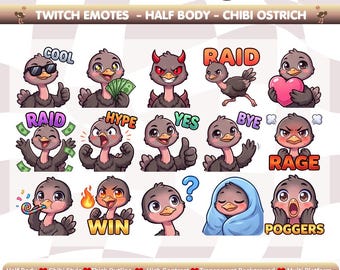 May include: A digital collection of 100 chibi ostrich emotes for streaming platforms. The set features various expressions including cool, raid, hype, yes, bye, rage, win, and poggers, with text labels. Sizes include 500px, 320px, 112px, 56px, 48px, and 28px.