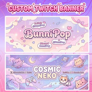 May include: Two digital banners featuring pastel color palettes. The top banner displays the text BunniPop with social media handles. The bottom banner features cat-themed planets, a game controller, and the text COSMIC NEKO with social media handles.