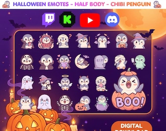 May include: A digital collection of 25 Halloween-themed chibi penguin emotes featuring various costumes and expressions. The set includes icons for Twitch, Kick, YouTube, and Discord, with sizes listed as 500px, 48px, 128px, 112px, 56px, and 28px.
