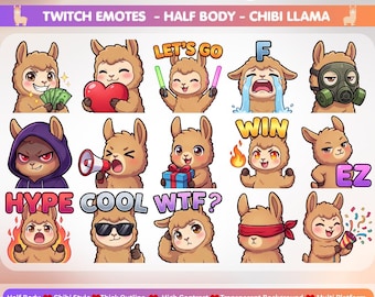 May include: A digital collection of 100 Emotes Mega Pack featuring chibi llama characters in various expressions and actions. The set includes llamas with money, hearts, glow sticks, gas masks, hoodies, megaphones, gifts, and party poppers.