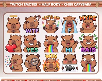 May include: A digital collection of 100 chibi capybara emotes for Twitch, featuring various expressions and actions. The set includes text labels like LET'S GO, WTF, F, HYPE, YES, HI, RAID, WIN, and 18+. Sizes include 500px, 128px, 112px, 56px, 48px, and 28px.