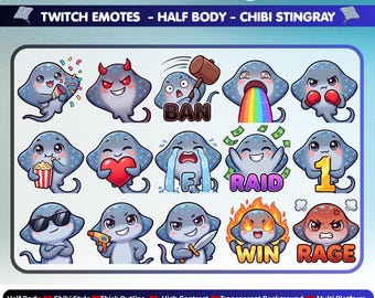 May include: A digital collection of 100 Emotes Mega Pack featuring chibi stingray characters in various expressions. The set includes stingrays with party confetti, devil horns, a ban hammer, rainbow vomit, boxing gloves, popcorn, hearts, crying, raid money, number one, sunglasses, a toy gun, a sword, fire, and rage text.