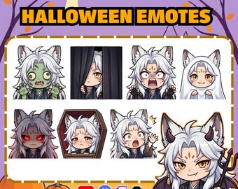 May include: A collection of digital character emotes featuring a white-haired fox-like figure in various Halloween costumes, including a zombie, a ghost, and a vampire with a trident. The text reads CUSTOM HALLOWEEN EMOTES and HIGH QUALITY EMOTES.