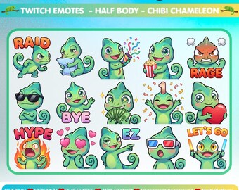 May include: A digital collection of 100 Twitch emotes featuring a chibi chameleon in various poses and expressions. The set includes text labels like RAID, RAGE, BYE, HYPE, EZ, and LET'S GO, with sizes listed as 500px, 48px, 128px, 112px, 56px, and 28px.