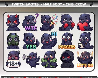 May include: A digital collection of 100 chibi crow emotes for streaming platforms. The set features various crow characters in half-body poses with expressions including a gas mask, holding money, a heart, a megaphone, and text like WTF, HI, POGGERS, 18+, and LET'S GO.