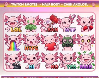 May include: A digital collection of 100 emotes featuring pink chibi axolotls in various expressions and actions, including holding money, a red hammer, a gas mask, and a rainbow. The text includes 100 Emotes Mega Pack, Twitch Emotes, and labels like LOL, BAN, WTF, HYPE, HI, NO, YES, and RAID.
