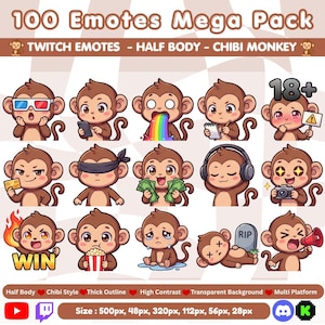 May include: A digital collection of 100 chibi monkey emotes for Twitch, featuring various expressions and actions. The pack includes monkeys with 3D glasses, phones, rainbow vomit, notebooks, money, headphones, cameras, popcorn, and megaphones.