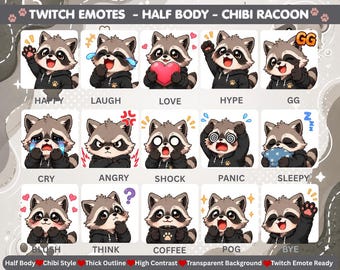 May include: A digital collection of 15 chibi raccoon emotes for Twitch, featuring a raccoon in a black hoodie expressing various emotions including happy, laugh, love, hype, gg, cry, angry, shock, panic, sleepy, blush, think, coffee, pog, and bye.