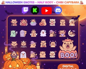 May include: A digital collection of 25 Halloween-themed chibi capybara emotes featuring various costumes and expressions. The set includes icons for Twitch, Kick, YouTube, and Discord, displayed against a purple background with pumpkins.