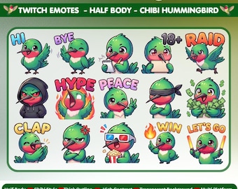 May include: A digital collection of 100 chibi hummingbird emotes for Twitch, featuring a green bird with a red chest in various poses. Text includes HI, BYE, 18+, RAID, HYPE, PEACE, CLAP, WIN, and LET'S GO. Sizes listed are 500px, 48px, 320px, 112px, 56px, 28px.
