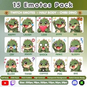 Puede incluir: Una colección digital de 15 emoticonos de dinosaurio chibi para Twitch, que muestra a un dinosaurio verde con sudadera con capucha expresando varias emociones como feliz, risa, amor, hype, gg, llanto, enojo, shock, pánico, sueño, sonrojo, pensamiento, café, pog y adiós.