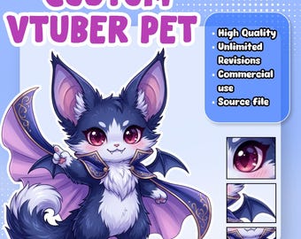 May include: A digital illustration of a dark blue and white creature with large ears, pink eyes, and a purple cape. The text reads CUSTOM VTUBER PET, High Quality, Unlimited Revisions, Commercial use, Source file. Includes three small detail insets.