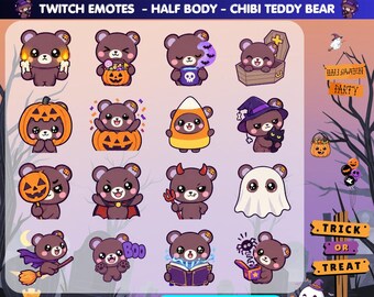 May include: A digital collection titled 50 Emotes Halloween Pack featuring brown chibi teddy bear characters in various costumes including pumpkins, ghosts, witches, and vampires, with text labels for Twitch Emotes and size specifications.