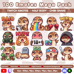 Peut inclure: Une collection numérique de 100 émoticônes de serpent chibi pour Twitch, montrant diverses expressions et actions. Les serpents bruns portent des textes comme RAID, HYPE, 18+, EZ, GG et RIP. L'image indique des tailles de 500px, 48px, 320px, 112px, 56px et 28px.
