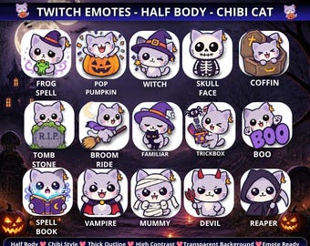 May include: A digital collection of 50 Halloween-themed emotes featuring chibi cats in various costumes, including a witch, vampire, mummy, and reaper. The set includes text labels like Frog Spell, Pop Pumpkin, and Tomb Stone, with sizes 500px, 48px, 320px, 112px, 56px, 28px.