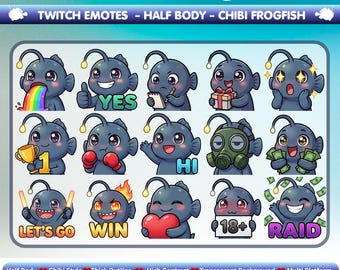 May include: A digital collection of 100 Emotes Mega Pack featuring chibi frogfish characters in various poses and expressions. The set includes text labels like YES, HI, LET'S GO, WIN, 18+, and RAID, with sizes listed as 500px, 48px, 128px, 112px, 56px, 28px.