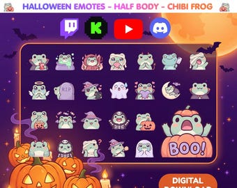 May include: A digital collection of 25 Halloween-themed chibi frog emotes featuring various costumes and expressions. The set includes icons for Twitch, Kick, YouTube, and Discord. The graphics are displayed against a purple background with pumpkins.