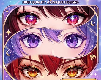 May include: A digital banner titled Custom Eye Banner featuring three sets of anime-style eyes in red, purple, and orange with galaxy and star patterns. The text reads Custom Eye Banner, High Quality & Unique Designs, and Order Now.