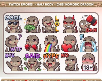 May include: A digital collection of 100 Emotes Mega Pack featuring chibi Komodo dragon characters in various expressions. The set includes text labels like COOL, LOL, BAN, WTF, RAID, HYPE, NO, and 18+. The images are half-body designs with thick outlines.