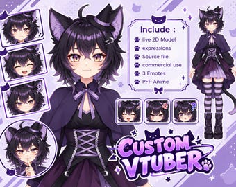May include: A digital anime-style character model with black cat ears and purple eyes, wearing a dark purple cape and dress. The image includes text: Include: live 2D Model, expressions, Source file, commercial use, 3 Emotes, PFP Anime, Custom VTUBER.