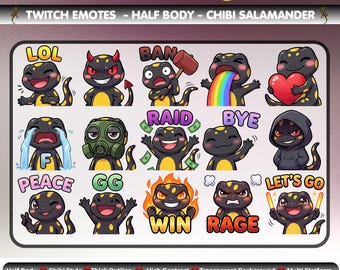 May include: A digital collection titled 100 Emotes Mega Pack featuring chibi salamander characters in various poses and expressions. The salamanders are black with yellow spots, shown with text like LOL, BAN, RAID, BYE, PEACE, GG, WIN, RAGE, and LET'S GO.