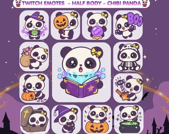 May include: A digital collection of 50 Halloween-themed chibi panda emotes for Twitch, featuring various poses including pandas with pumpkins, witch hats, spellbooks, and skeletons. The text reads 50 Emotes Halloween Pack, Twitch Emotes - Half Body - Chibi Panda, and sizes 500px, 48px, 320px, 112px, 56px, 28px.